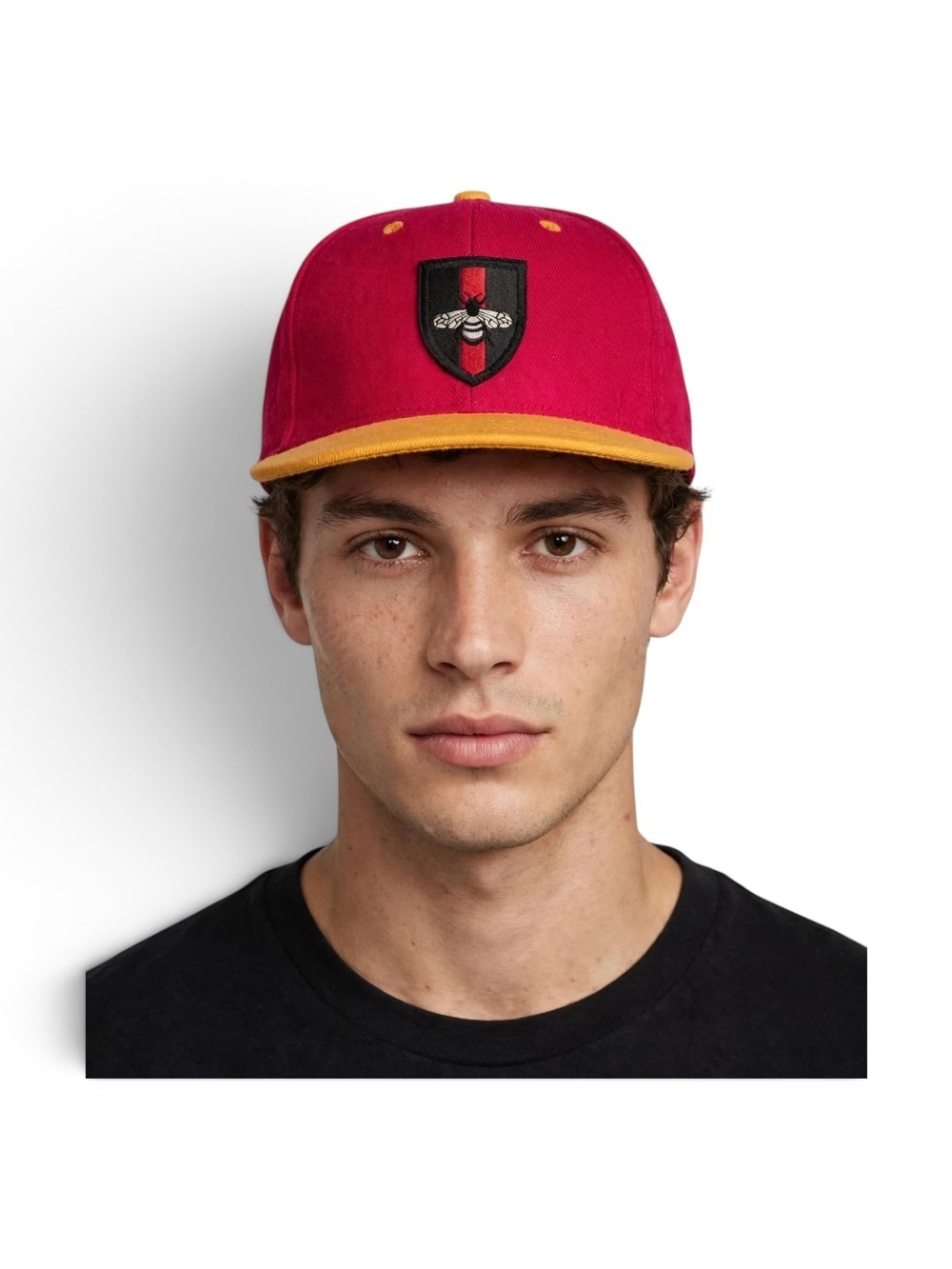 Bee Shield Snapback Cap Magenta Mustard Flat Bill Hat